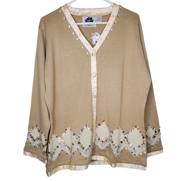 Storybook Knits Sweaters - Storybook Knits Stunning Silver Cardigan Sweater, Silver and Gold Leaves Sz LG